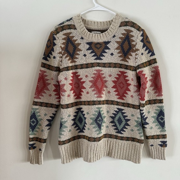 L.L. Bean Sweaters - L.L. Bean Aztec Pattern Sweater Women's Large Beige Chunky Knit Cotton Tribal